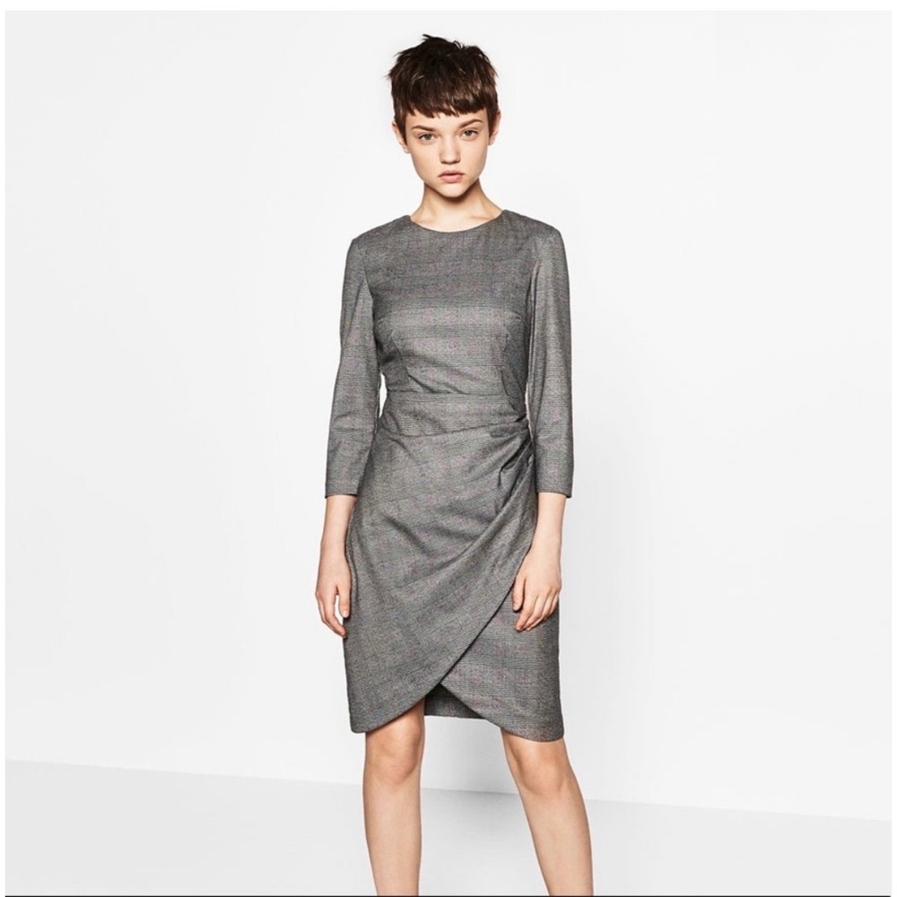 Zara Basic Grey Glen Plaid Draped Tulip Sheath Dress 3/4 Sleeve Size M